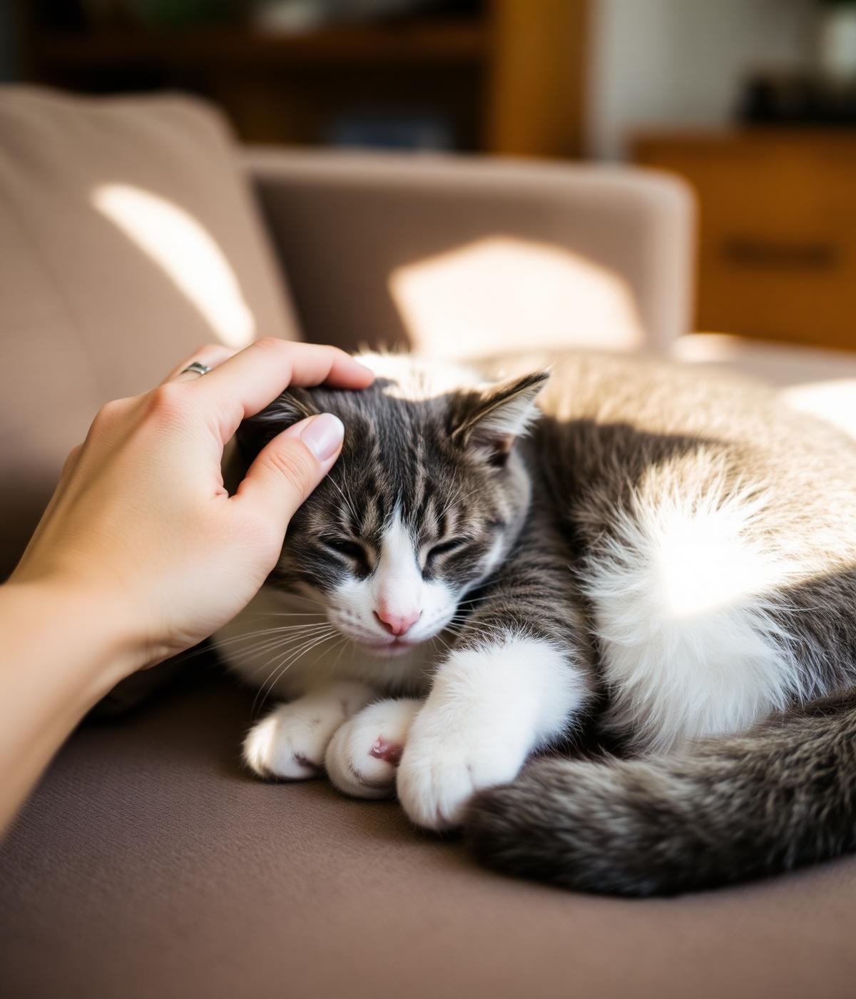 A gentle hand petting a content cat at home