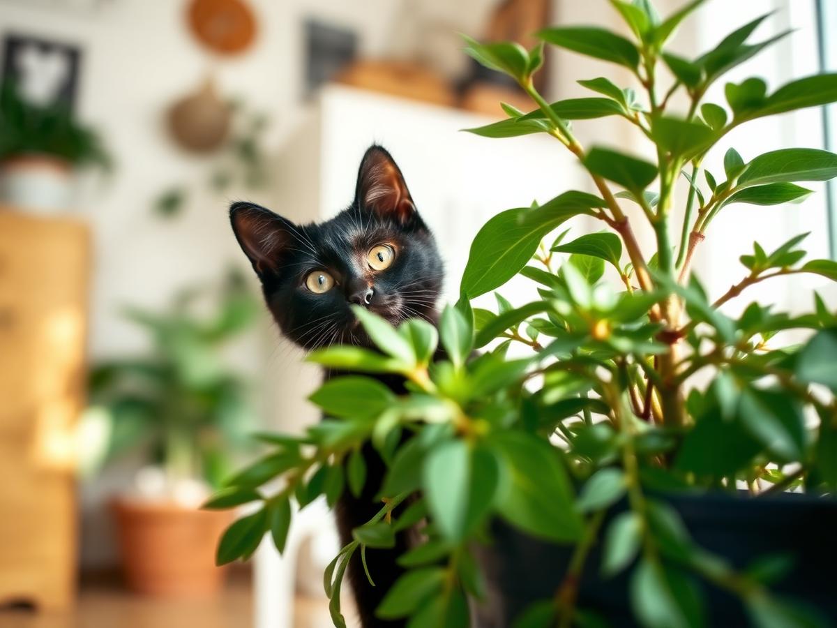 A curious cat peeking from behind a houseplant