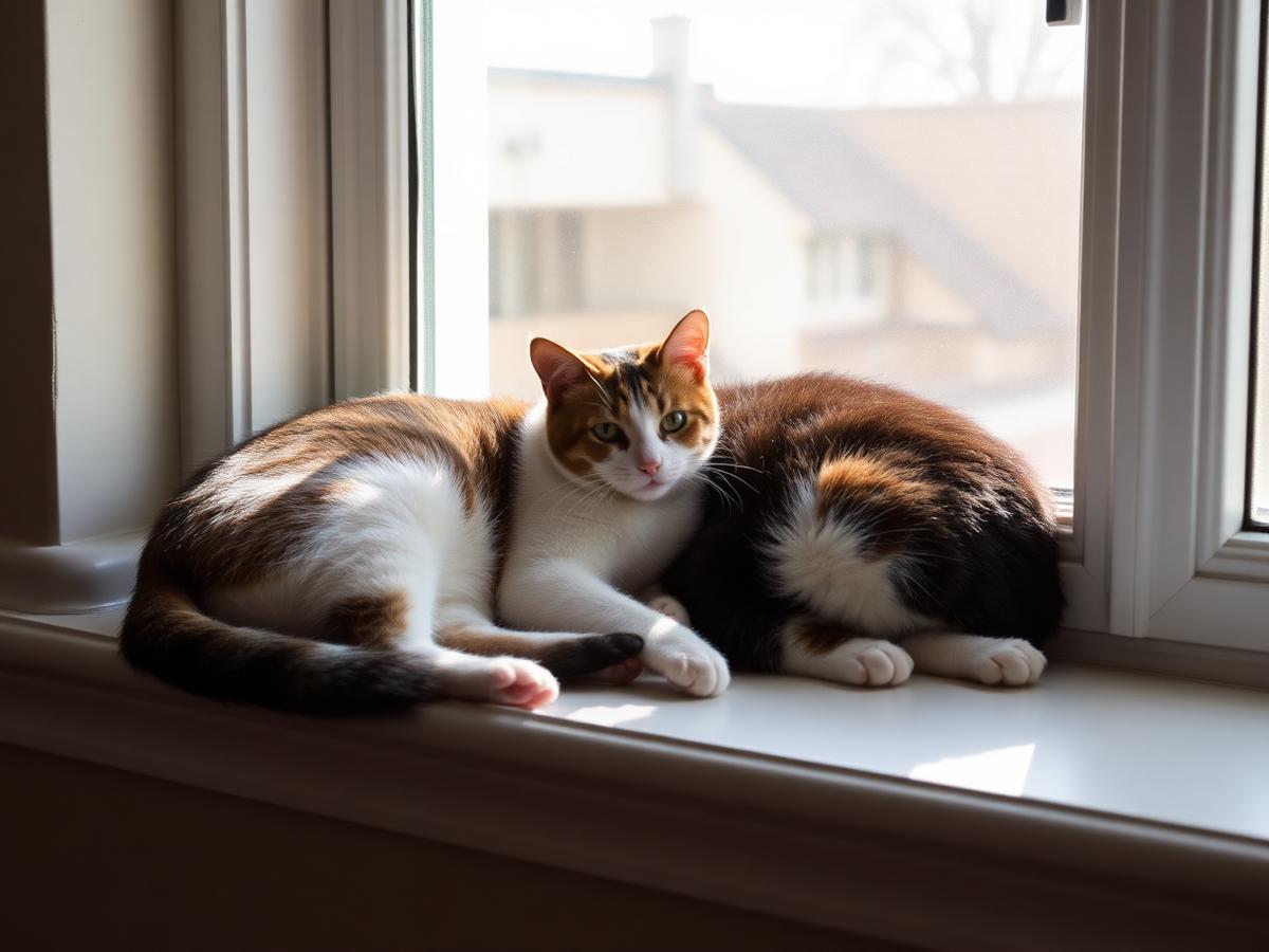 Two cats relaxing on a sunlit windowsill